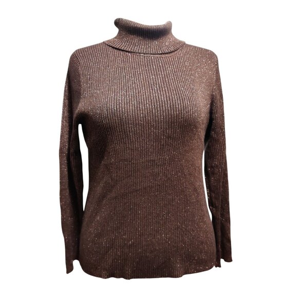 Once Again XL Metallic Brown Ribbed Mock Neck Sweater Shimmer Top Vintage Y2K - Picture 1 of 7